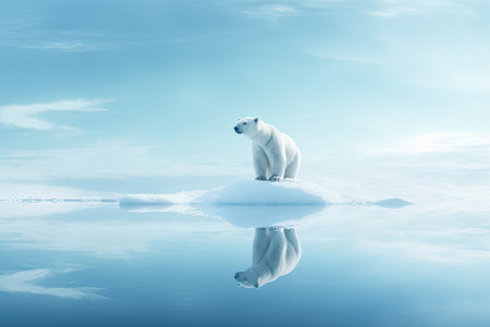 Lonely polar bear standing on an ice floe with blue cool colors. Generative AIの素材