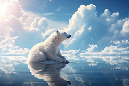 Relaxed lonely polar bear looking at the sky with blue colors and cool tones. Generative AIの素材