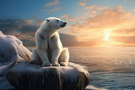 Relaxed lonely polar bear looking at the sky with blue colors and cool tones. Generative AIの素材