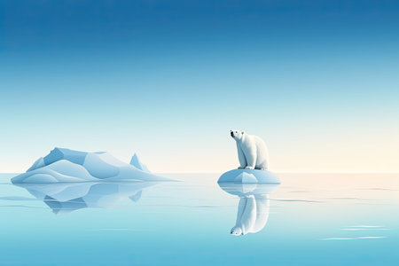 Lonely polar bear standing on an ice floe with blue cool colors. Generative AIの素材