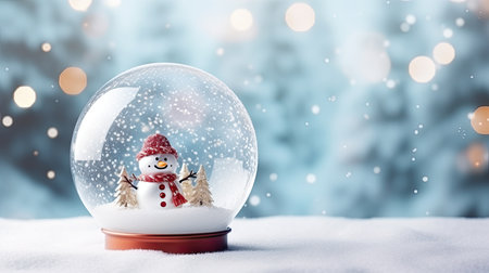 A Christmas glass sphere resting on snowy ground, containing a snowman within. A wintry scene by generative AIの素材