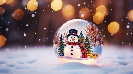 A Christmas glass sphere resting on snowy ground, containing a snowman within. A wintry scene by generative AIの素材