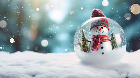 A Christmas glass sphere resting on snowy ground, containing a snowman within. A wintry scene by generative AIの素材