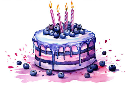 birthday cake on white background in watercolor, in the style of speedpainting, paint dripping technique, light magenta and light indigo by generative AIの素材