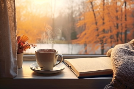 A cozy image that evokes autumn and winter time in front of the window with a book and a cup of coffee by generative AIの素材