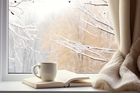 A cozy image that evokes autumn and winter time in front of the window with a book and a cup of coffee by generative AIの素材