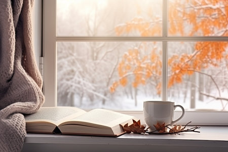 A cozy image that evokes autumn and winter time in front of the window with a book and a cup of coffee by generative AIの素材