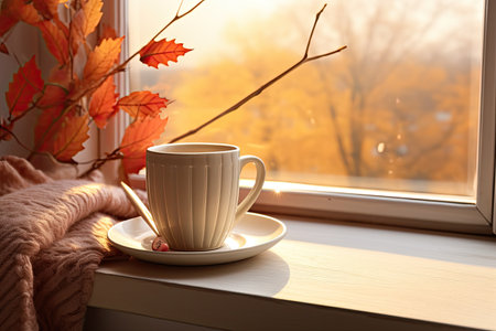 A cozy image that evokes autumn and winter time in front of the window with a book and a cup of coffee by generative AIの素材
