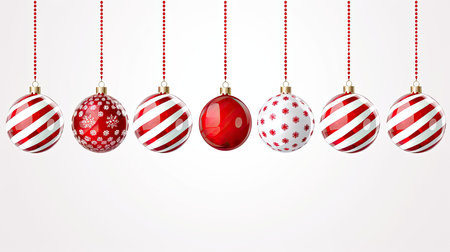 Red and white illustration of Christmas balls hanging against a background by generative AIの素材