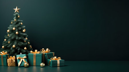 Christmas tree with Christmas gifts over dark green background with copy space by generative AIの素材