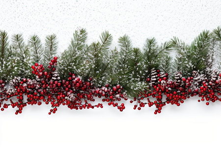 Holiday border of pine branches on white background for Christmas, in the style of snow scenes, with blank space for text by generative AIの素材