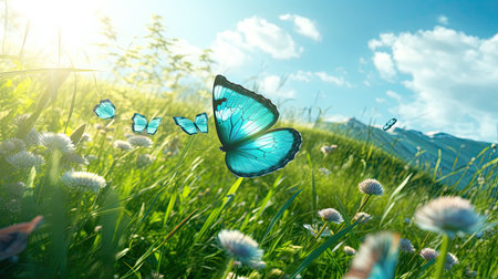 Whimsical Dance of Vibrant Butterflies in a Lush Meadow: Nature's Serene Symphony by Generative AIの素材