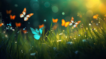 Whimsical Dance of Vibrant Butterflies in a Lush Meadow: Nature's Serene Symphony by Generative AIの素材