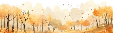Autumn forest with trees in the style of watercolor painting, in shades of orange and beige by generative AIの素材