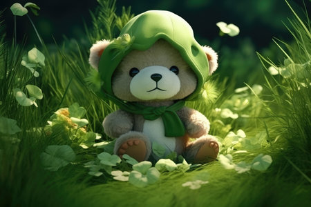 St. Patrick's Day green teddy in leprechaun attire. A charming celebration plush by Generative AIの素材