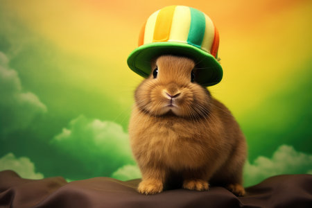 Adorable rabbit donning a green cap for St. Patrick's celebration by Generative AI.の素材
