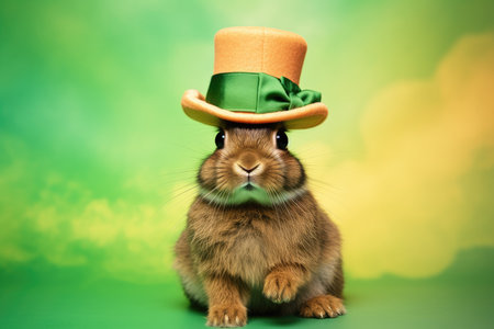 Adorable rabbit donning a green cap for St. Patrick's celebration by Generative AI.の素材