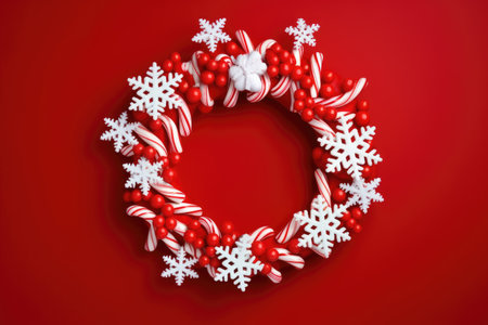 Vibrant Red Holiday Wreath with Snowflakes and Candy Canes: A Festive Delight by Generative AIの素材