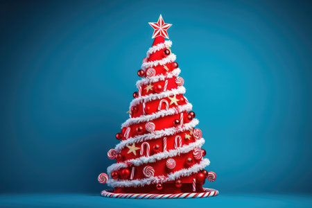 Vibrant Christmas Tree Adorned with Festive Ornaments on Radiant Red Backdrop by Generative AIの素材