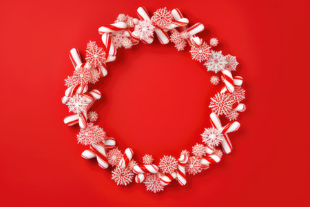 Vibrant Red Holiday Wreath with Snowflakes and Candy Canes: A Festive Delight by Generative AIの素材