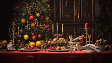 Festive elegant christmas dinner setting. Seasonal holiday dining background. Generative AIの素材