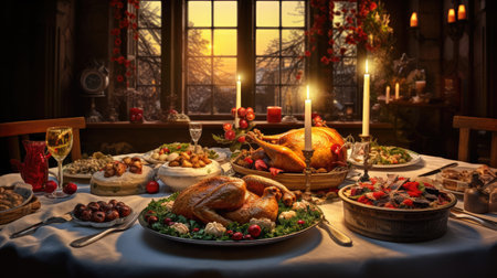Festive elegant christmas dinner setting. Seasonal holiday dining background. Generative AIの素材