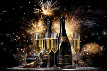 A bottle of champagne on a black background, perfect for a celebration. Generative AIの素材