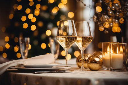 Festive elegant christmas dinner setting. Seasonal holiday dining background. Generative AIの素材