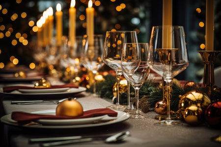 Festive elegant christmas dinner setting. Seasonal holiday dining background. Generative AIの素材