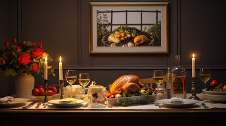 Festive elegant christmas dinner setting. Seasonal holiday dining background. Generative AIの素材