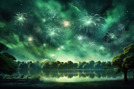 Amazing colorful fireworks on the black sky. Generative AIの素材