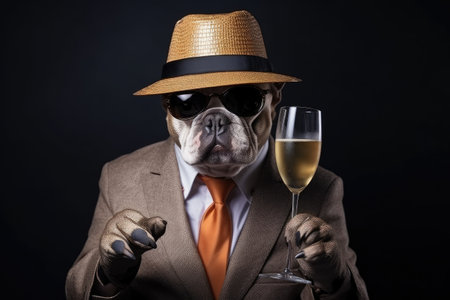 Bulldog with an elegant hat drinking champagne on New Year's Eve party. Generative AI.の素材