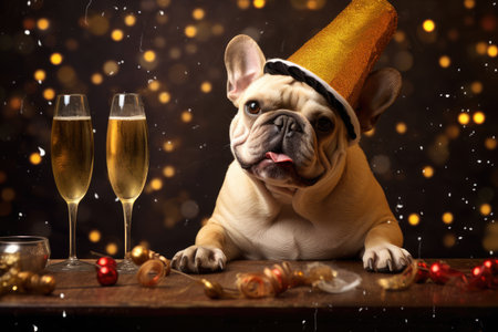 Bulldog with an elegant hat drinking champagne on New Year's Eve party. Generative AI.の素材
