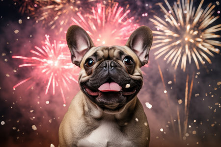 Bulldog looking at the fireworks on the black sky. Generative AIの素材