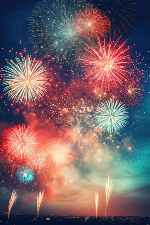 Amazing colorful fireworks on the black sky. Generative AIの素材