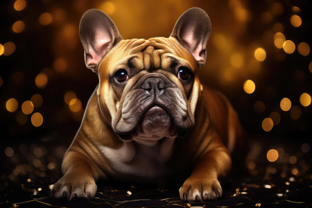 Cute French bulldog with Christmas lights. Generative AIの素材