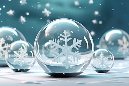 Beautiful snowflakes in glass Christmas balls with a blue background. Generative AIの素材
