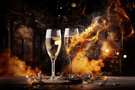 End of the year toast. Glasses of champagne on New Year. Generative AIの素材