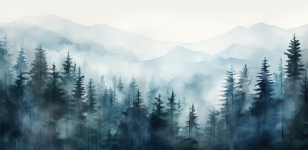 Watercolor winter pine trees forest illustration with falling snow. Christmas themed design. Generative AIの素材