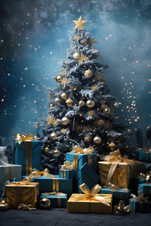 Christmas tree with gold ornaments and baubles on blurred bokeh lights background. Generative AIの素材