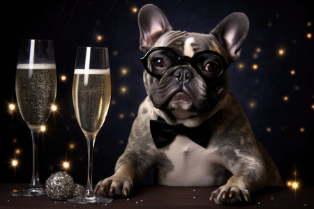 Bulldog with an elegant hat drinking champagne on New Year's Eve party. Generative AI.の素材