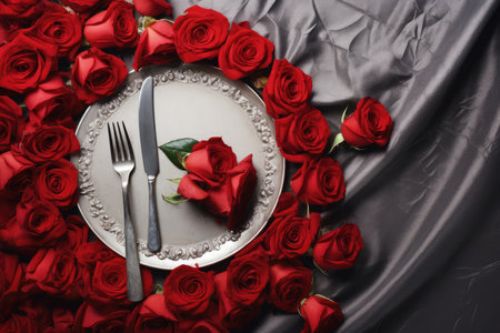 Valentines day table place setting with red roses and white plate on dark background. Copy space. Generative AIの素材