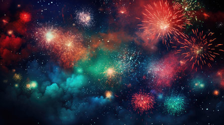Celebration with fireworks on the dark sky. Color explosion. Generative AIの素材