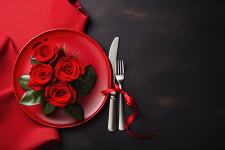 Valentines day table place setting with red roses and white plate on dark background. Copy space. Generative AIの素材