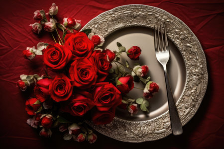 Valentines day table place setting with red roses and white plate on dark background. Copy space. Generative AIの素材