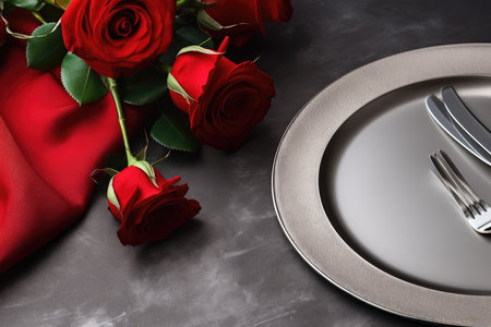 Valentines day table place setting with red roses and white plate on dark background. Copy space. Generative AIの素材