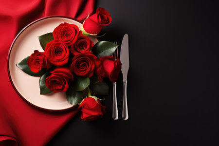 Valentines day table place setting with red roses and white plate on dark background. Copy space. Generative AIの素材