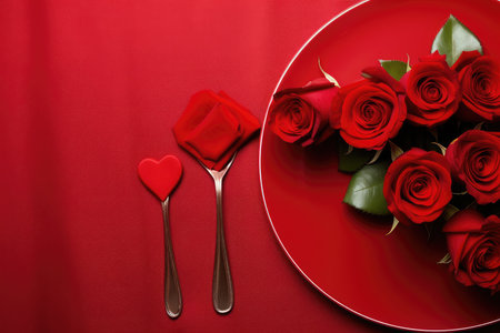 Valentines day table place setting with red roses and white plate on dark background. Copy space. Generative AIの素材