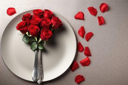 Valentines day table place setting with red roses and white plate on dark background. Copy space. Generative AIの素材