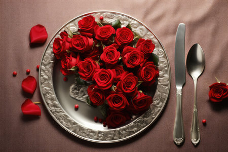 Valentines day table place setting with red roses and white plate on dark background. Copy space. Generative AIの素材